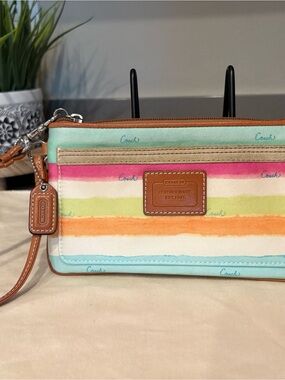 Coach Hampton Pastel Multicolor Striped Canvas Wristlet with Leather Trim